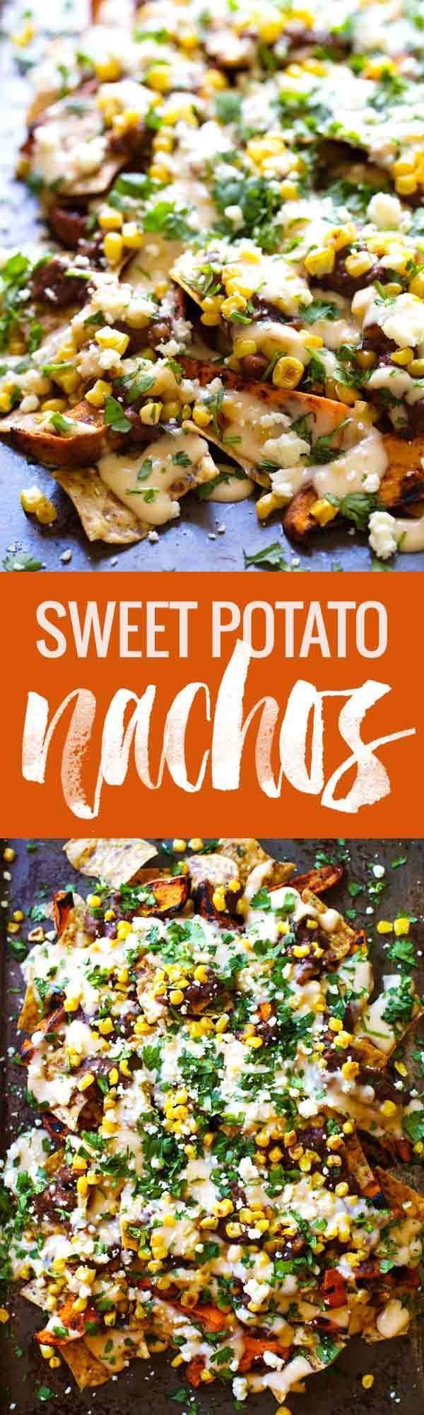 These Healthy Grilled Sweet Potato Nachos are veggie-loaded and smothered with a lighter homemade cheese sauce.