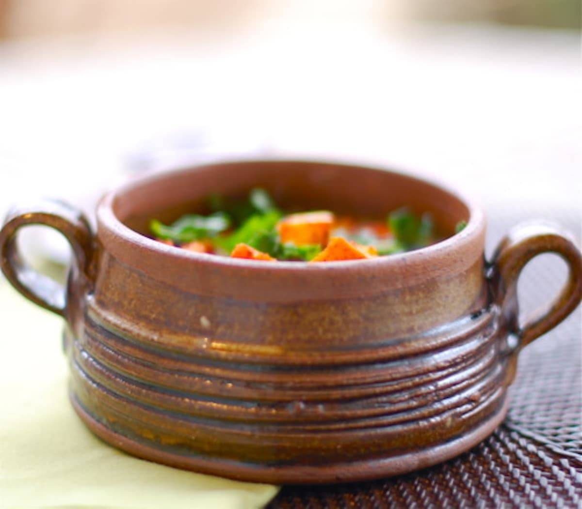 Smoky paprika croutons served on soups in a bowl.