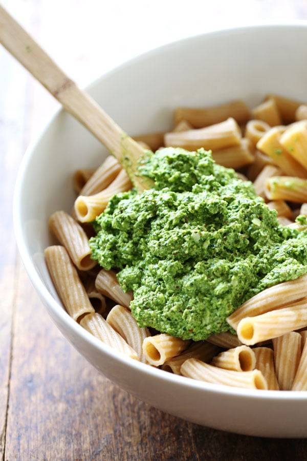Pesto on pasta noodles.