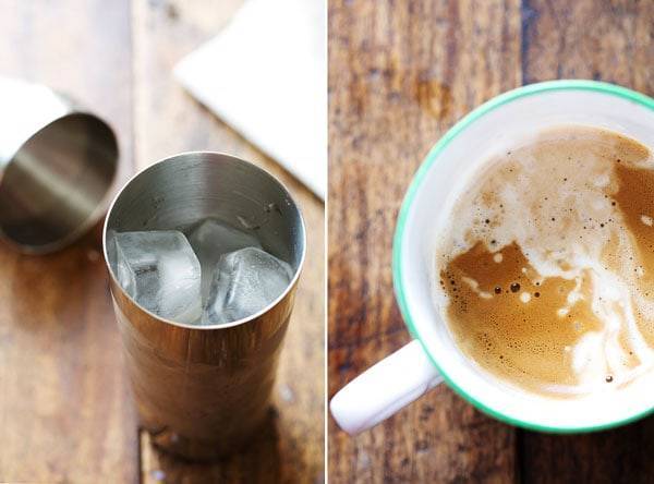 Ice in a steel container and coffee in a mug.