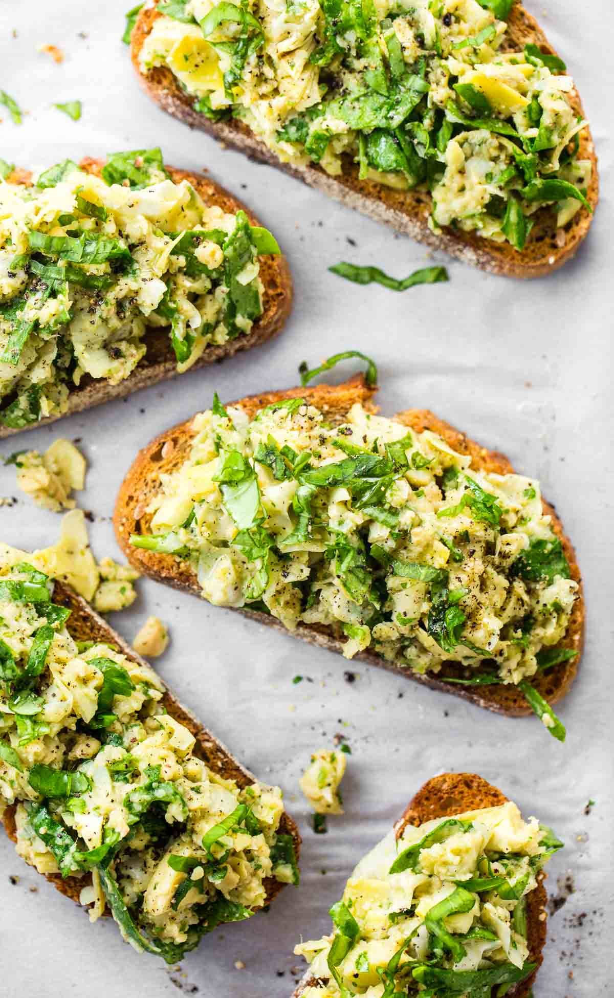 White Bean Artichoke Basil Toasts.