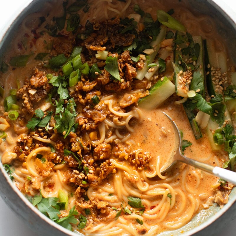 Miso peanut ramen in a bowl.